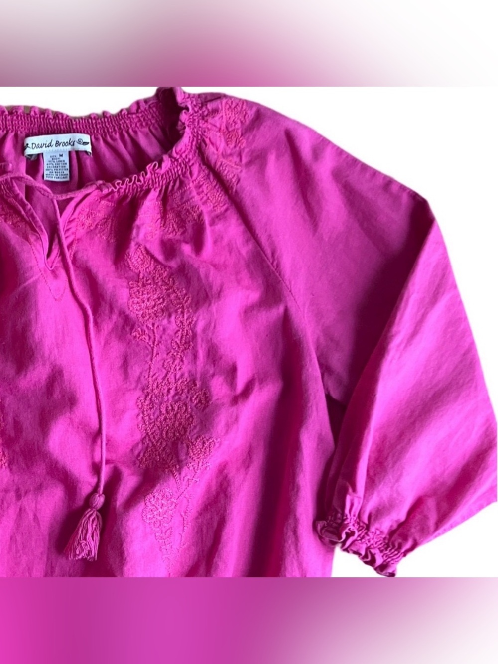 Vintage Linen Med David Brooks Boho Gathered Embroidered Blouse Bright Pink